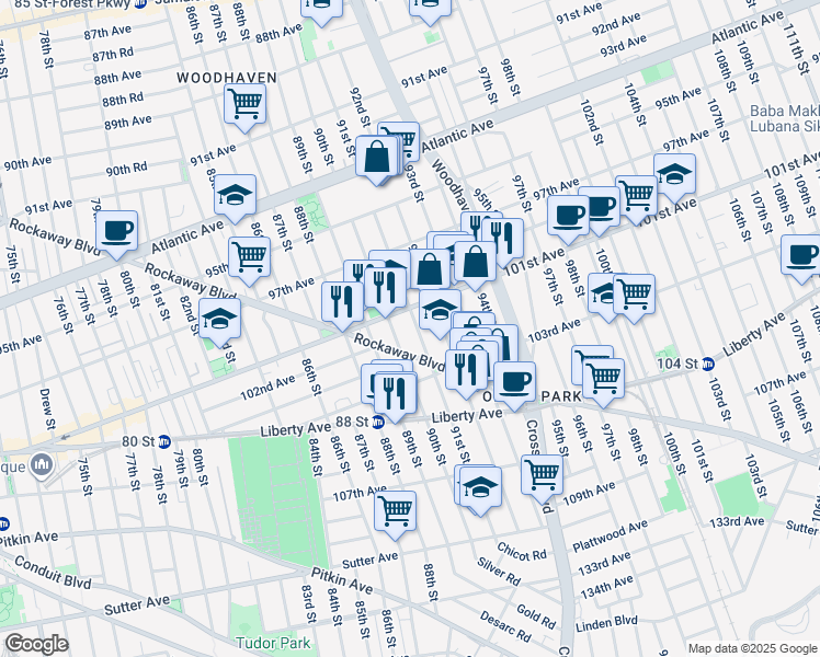 map of restaurants, bars, coffee shops, grocery stores, and more near 90-14 101st Avenue in Queens