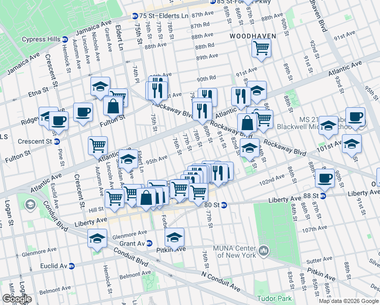 map of restaurants, bars, coffee shops, grocery stores, and more near 77-10 95th Avenue in Queens