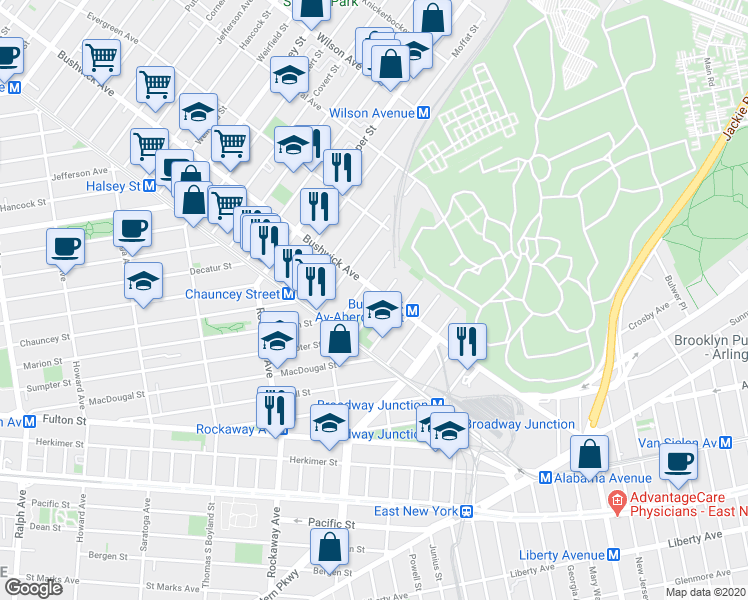 map of restaurants, bars, coffee shops, grocery stores, and more near 1503 Bushwick Avenue in Brooklyn