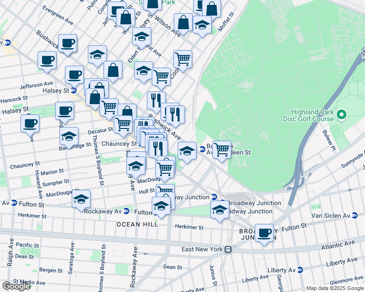 map of restaurants, bars, coffee shops, grocery stores, and more near 1503 Bushwick Avenue in Brooklyn