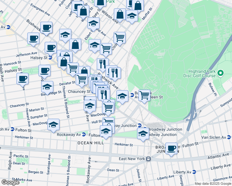 map of restaurants, bars, coffee shops, grocery stores, and more near 1469 Bushwick Avenue in Brooklyn