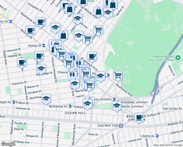 map of restaurants, bars, coffee shops, grocery stores, and more near 1469 Bushwick Avenue in Brooklyn