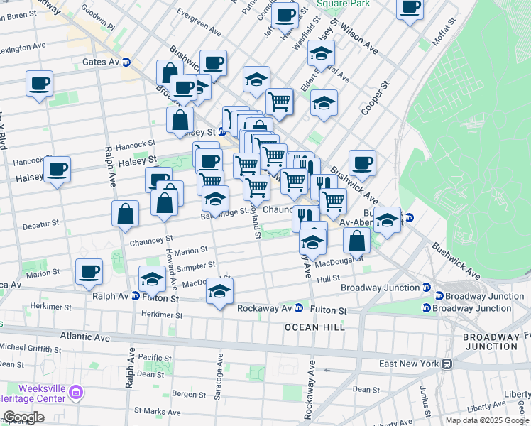 map of restaurants, bars, coffee shops, grocery stores, and more near 569 Bainbridge Street in Brooklyn