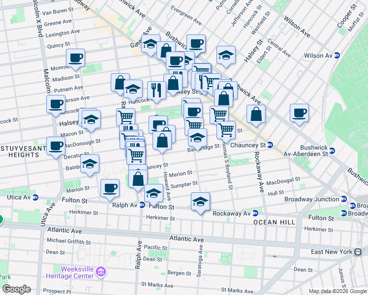 map of restaurants, bars, coffee shops, grocery stores, and more near 606 Decatur Street in Brooklyn