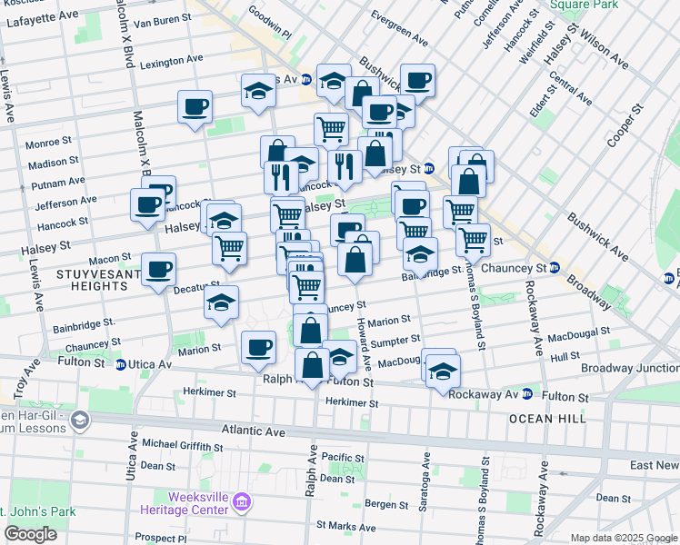 map of restaurants, bars, coffee shops, grocery stores, and more near 160 Howard Avenue in Brooklyn