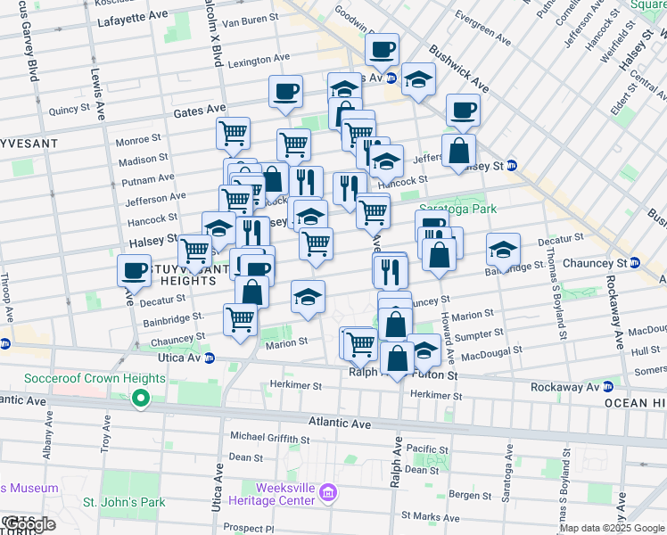 map of restaurants, bars, coffee shops, grocery stores, and more near 548 MacDonough Street in Brooklyn