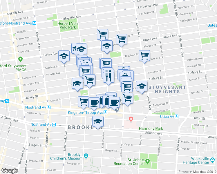 map of restaurants, bars, coffee shops, grocery stores, and more near 559 Throop Avenue in Brooklyn