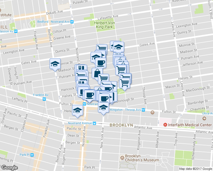 map of restaurants, bars, coffee shops, grocery stores, and more near 227 Hancock Street in Brooklyn