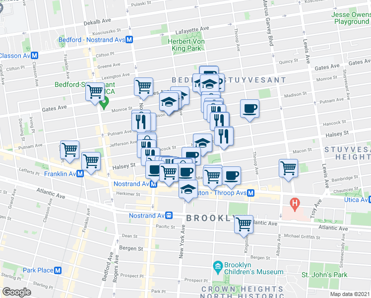 map of restaurants, bars, coffee shops, grocery stores, and more near 231 Hancock Street in Brooklyn