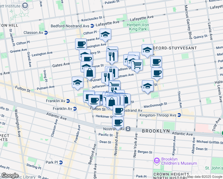 map of restaurants, bars, coffee shops, grocery stores, and more near 425 Nostrand Avenue in Brooklyn