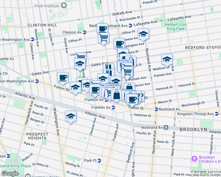 map of restaurants, bars, coffee shops, grocery stores, and more near 463 Franklin Avenue in Brooklyn