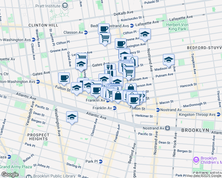 map of restaurants, bars, coffee shops, grocery stores, and more near 463 Franklin Avenue in Brooklyn
