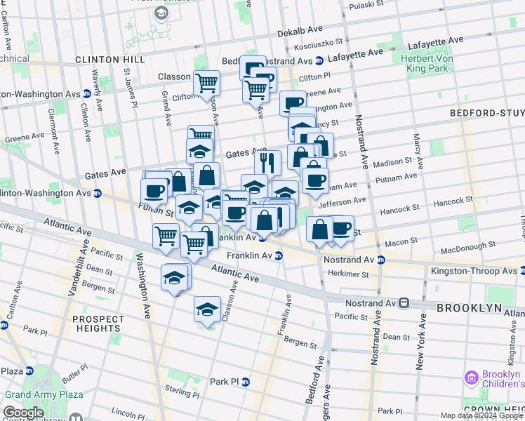 map of restaurants, bars, coffee shops, grocery stores, and more near 3 Claver Place in Brooklyn