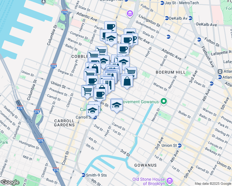 map of restaurants, bars, coffee shops, grocery stores, and more near 84 Douglass Street in Brooklyn
