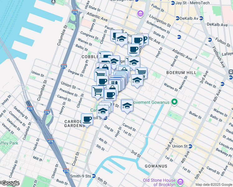 map of restaurants, bars, coffee shops, grocery stores, and more near 350 Degraw Street in Brooklyn