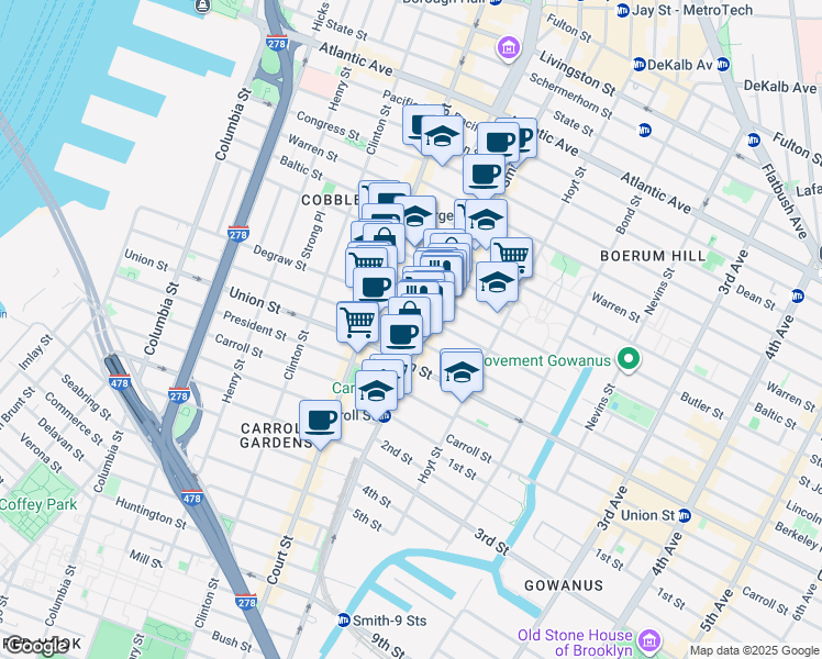 map of restaurants, bars, coffee shops, grocery stores, and more near 350 Degraw Street in Brooklyn