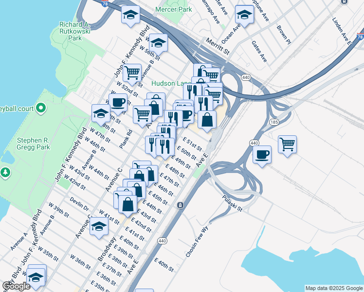 map of restaurants, bars, coffee shops, grocery stores, and more near 1030 Broadway in Bayonne