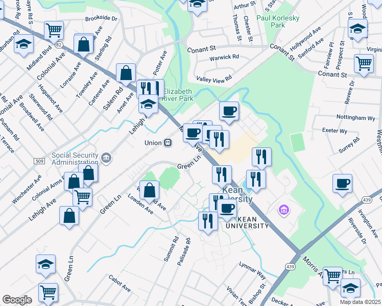 map of restaurants, bars, coffee shops, grocery stores, and more near 1040 Morris Avenue in Union