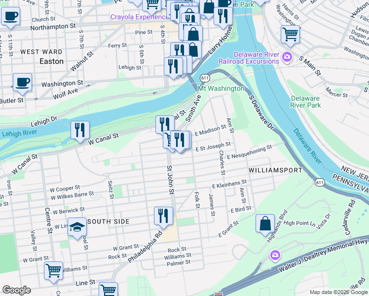 map of restaurants, bars, coffee shops, grocery stores, and more near 220 Folk Street in Easton