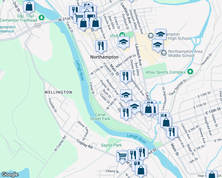 map of restaurants, bars, coffee shops, grocery stores, and more near 119 West 16th Street in Northampton