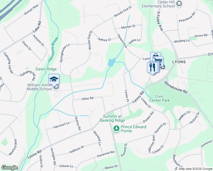map of restaurants, bars, coffee shops, grocery stores, and more near 102 Atlas Road in Basking Ridge