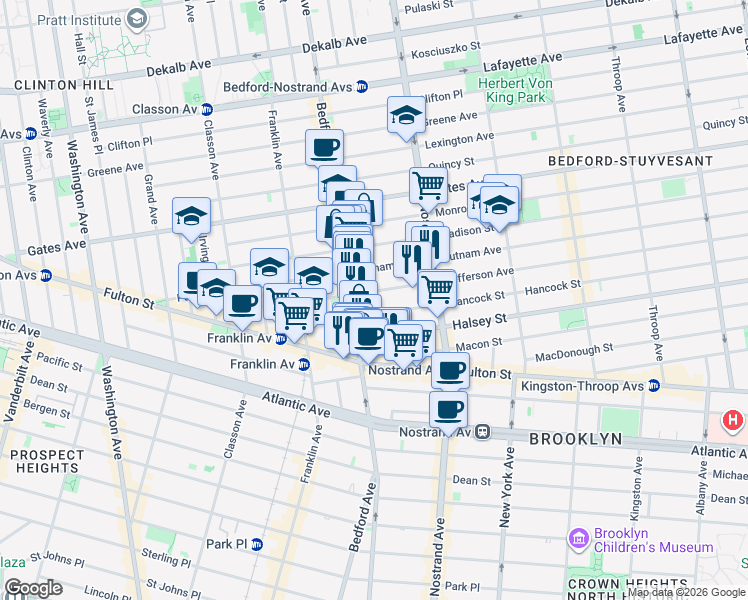 map of restaurants, bars, coffee shops, grocery stores, and more near 116 Jefferson Avenue in Brooklyn