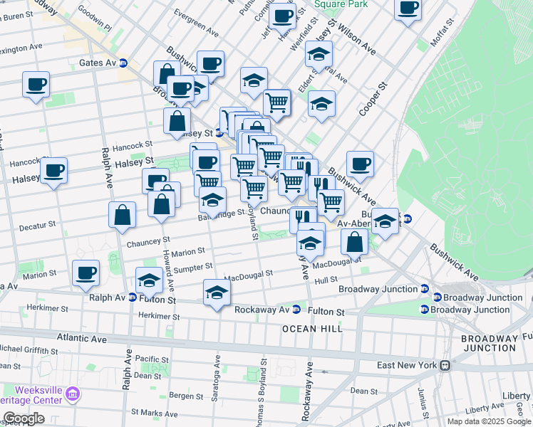 map of restaurants, bars, coffee shops, grocery stores, and more near 584 Bainbridge Street in Brooklyn