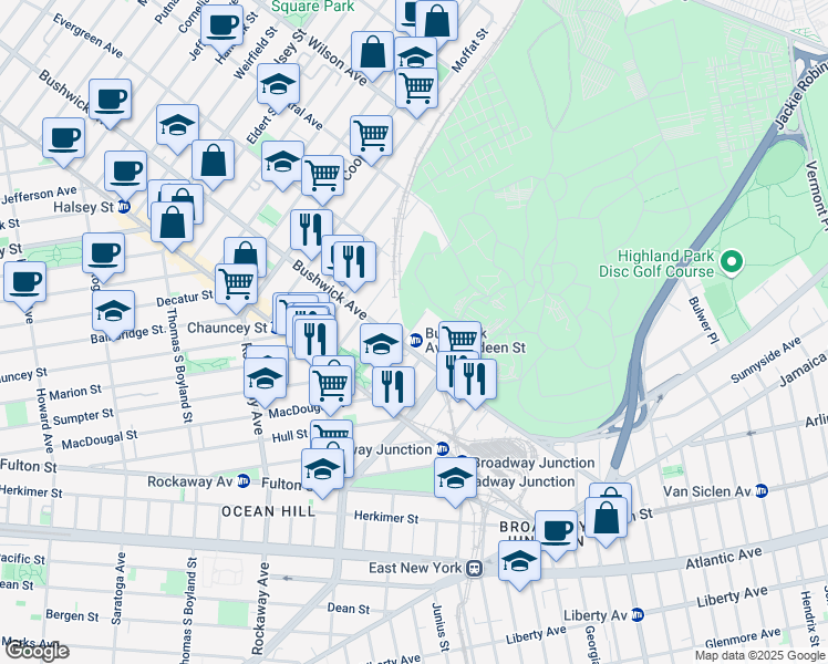 map of restaurants, bars, coffee shops, grocery stores, and more near 1533 Bushwick Avenue in Brooklyn