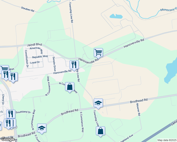 map of restaurants, bars, coffee shops, grocery stores, and more near 4961 Flora Lane in Bethlehem