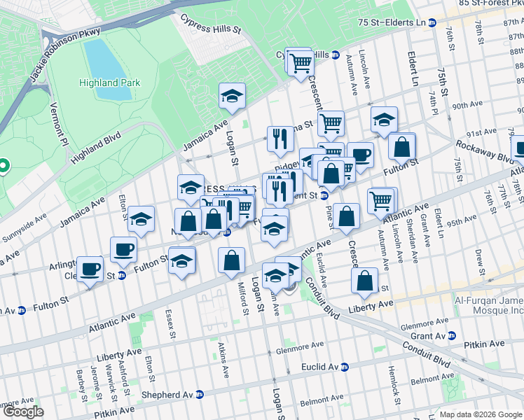 map of restaurants, bars, coffee shops, grocery stores, and more near 192 Richmond Street in Brooklyn
