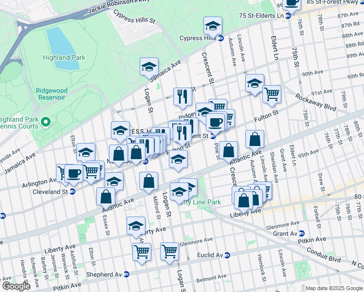 map of restaurants, bars, coffee shops, grocery stores, and more near 3233 Fulton Street in Brooklyn