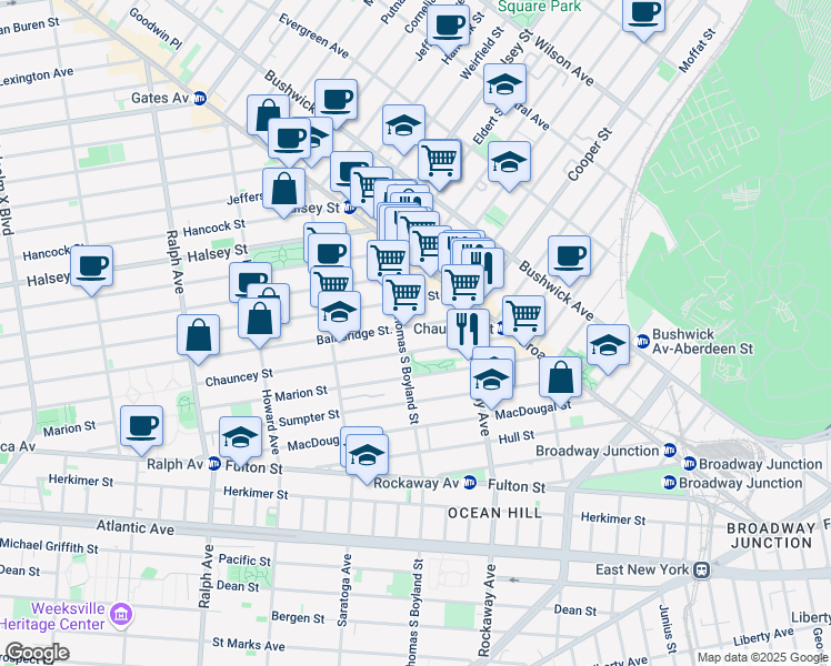 map of restaurants, bars, coffee shops, grocery stores, and more near 569 Bainbridge Street in Brooklyn