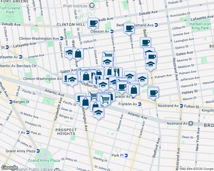 map of restaurants, bars, coffee shops, grocery stores, and more near 43 Putnam Avenue in Brooklyn