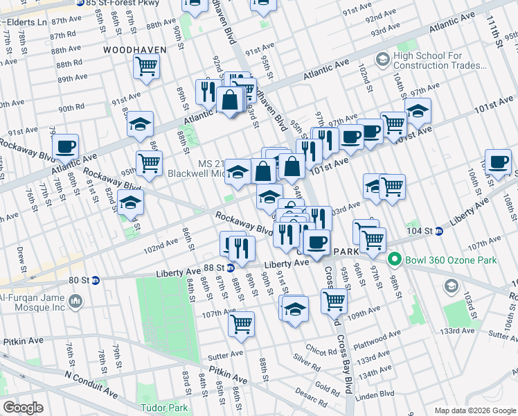 map of restaurants, bars, coffee shops, grocery stores, and more near 101-21 91st Street in Queens