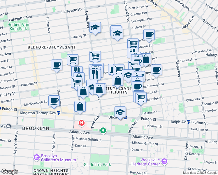 map of restaurants, bars, coffee shops, grocery stores, and more near 455 Macon Street in Brooklyn