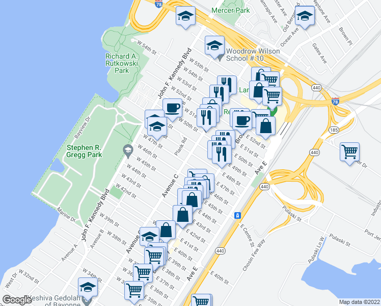map of restaurants, bars, coffee shops, grocery stores, and more near Avenue C & West 48th Street in Bayonne