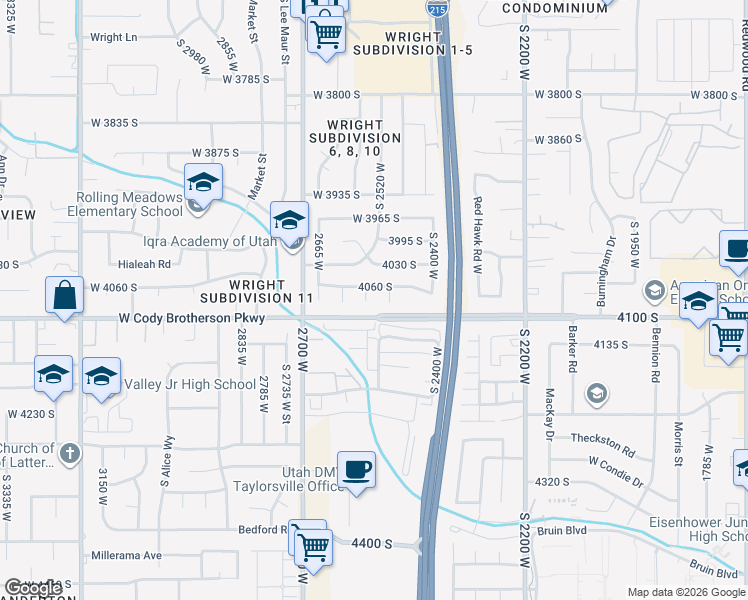 map of restaurants, bars, coffee shops, grocery stores, and more near 4077 Tralee Circle in West Valley City