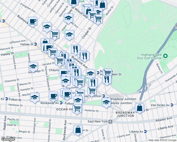 map of restaurants, bars, coffee shops, grocery stores, and more near 1500 Bushwick Avenue in Brooklyn