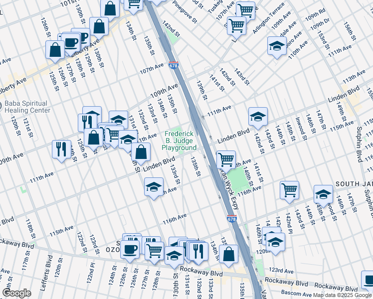 map of restaurants, bars, coffee shops, grocery stores, and more near 134-01 Linden Boulevard in Queens