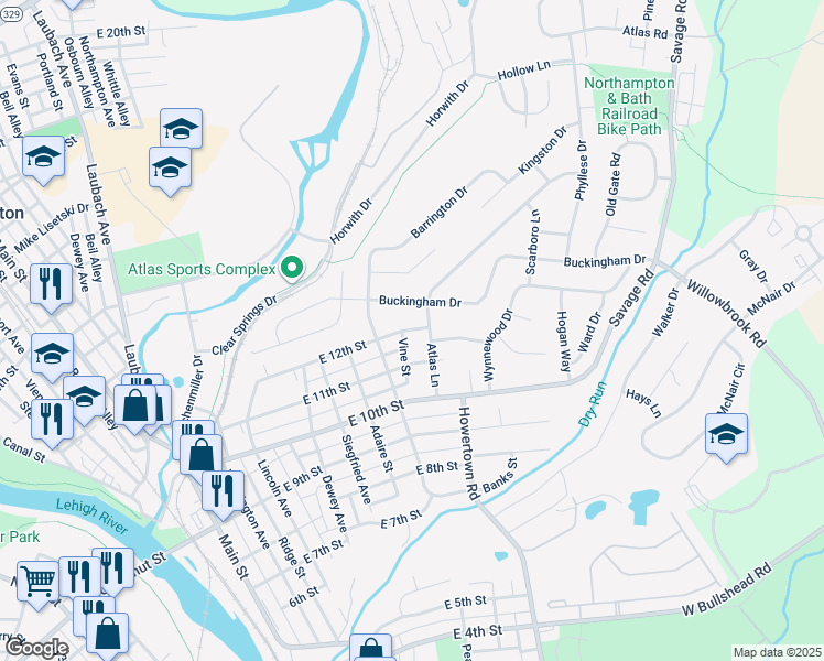map of restaurants, bars, coffee shops, grocery stores, and more near 556 East 12th Street in Northampton