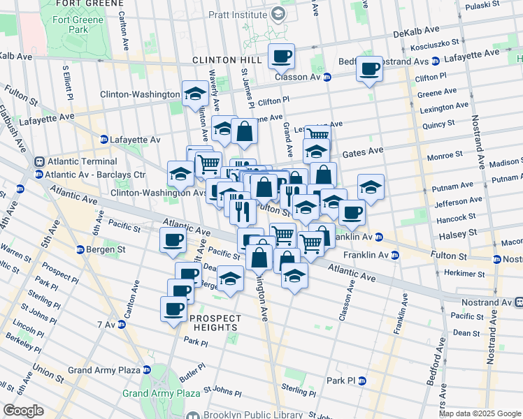 map of restaurants, bars, coffee shops, grocery stores, and more near 983 Fulton Street in Brooklyn