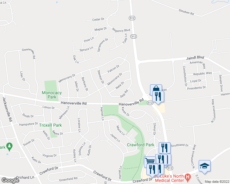 map of restaurants, bars, coffee shops, grocery stores, and more near 5429 Nala Drive in Bethlehem