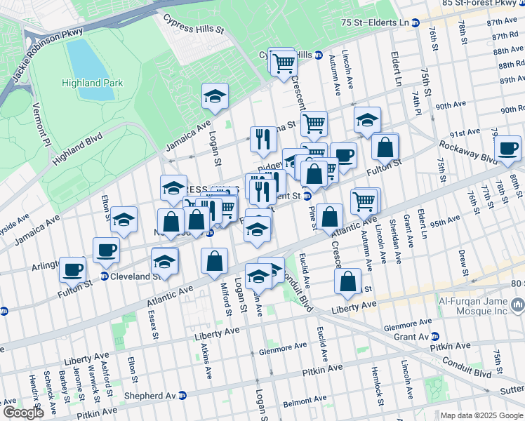 map of restaurants, bars, coffee shops, grocery stores, and more near 3233 Fulton Street in Brooklyn