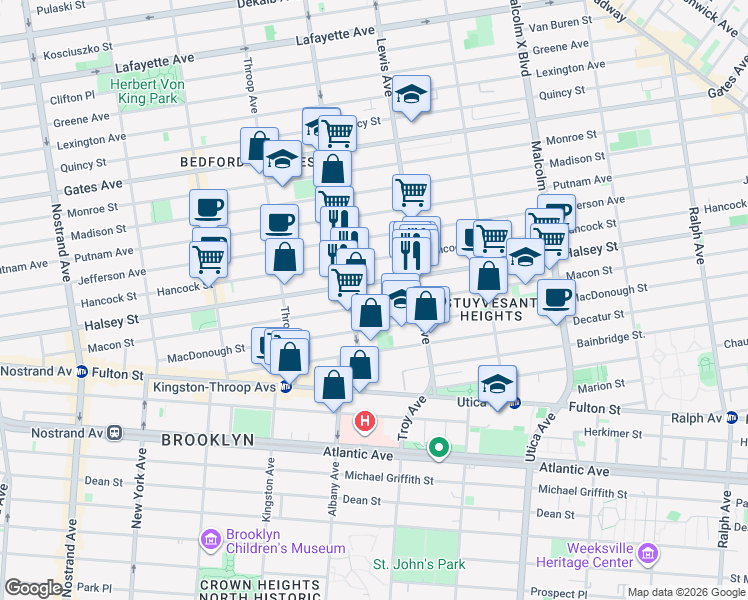 map of restaurants, bars, coffee shops, grocery stores, and more near 363 Macon Street in Brooklyn