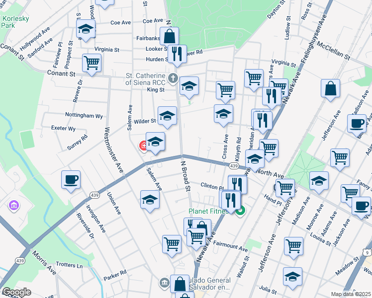 map of restaurants, bars, coffee shops, grocery stores, and more near 801 North Broad Street in Elizabeth