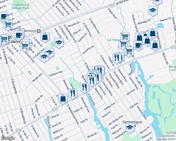 map of restaurants, bars, coffee shops, grocery stores, and more near 469 South Delaware Avenue in Lindenhurst