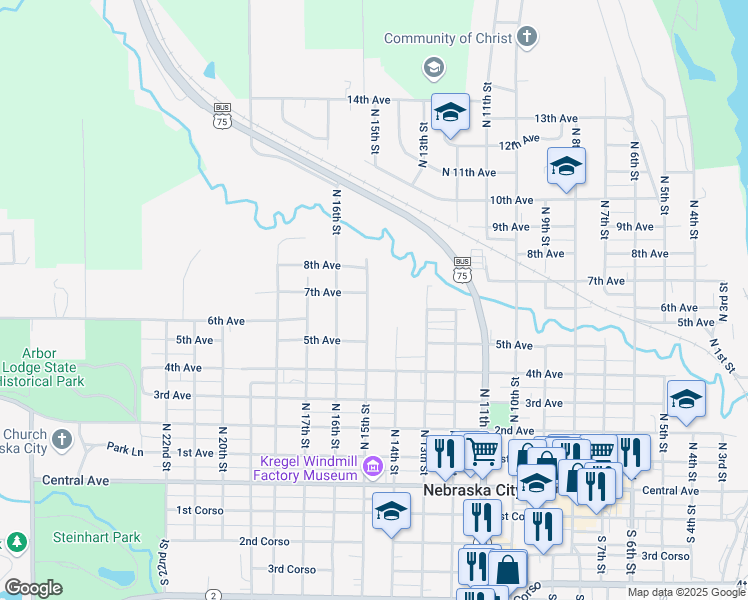 map of restaurants, bars, coffee shops, grocery stores, and more near 714 North 15th Street in Nebraska City