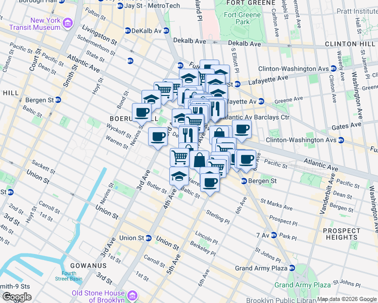 map of restaurants, bars, coffee shops, grocery stores, and more near 68 4th Avenue in Brooklyn