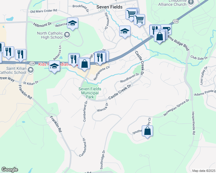 map of restaurants, bars, coffee shops, grocery stores, and more near 601 Wilshire Circle in Seven Fields
