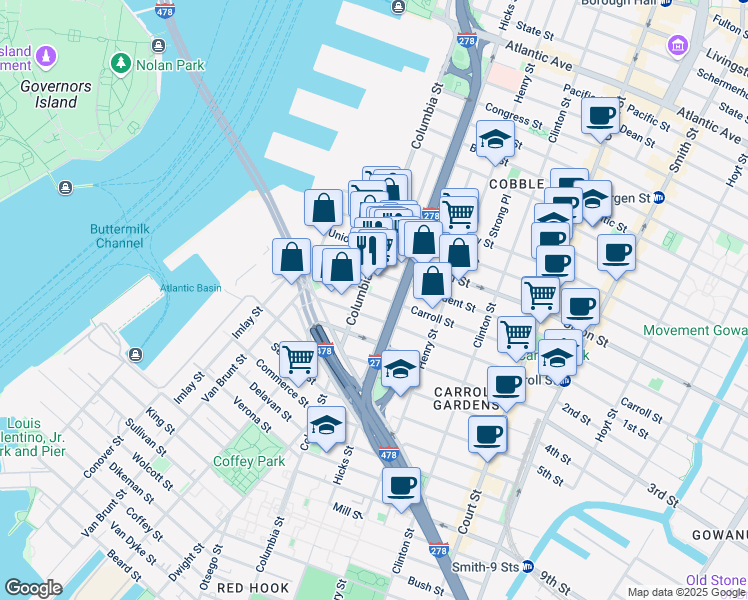 map of restaurants, bars, coffee shops, grocery stores, and more near 72 Carroll Street in Brooklyn